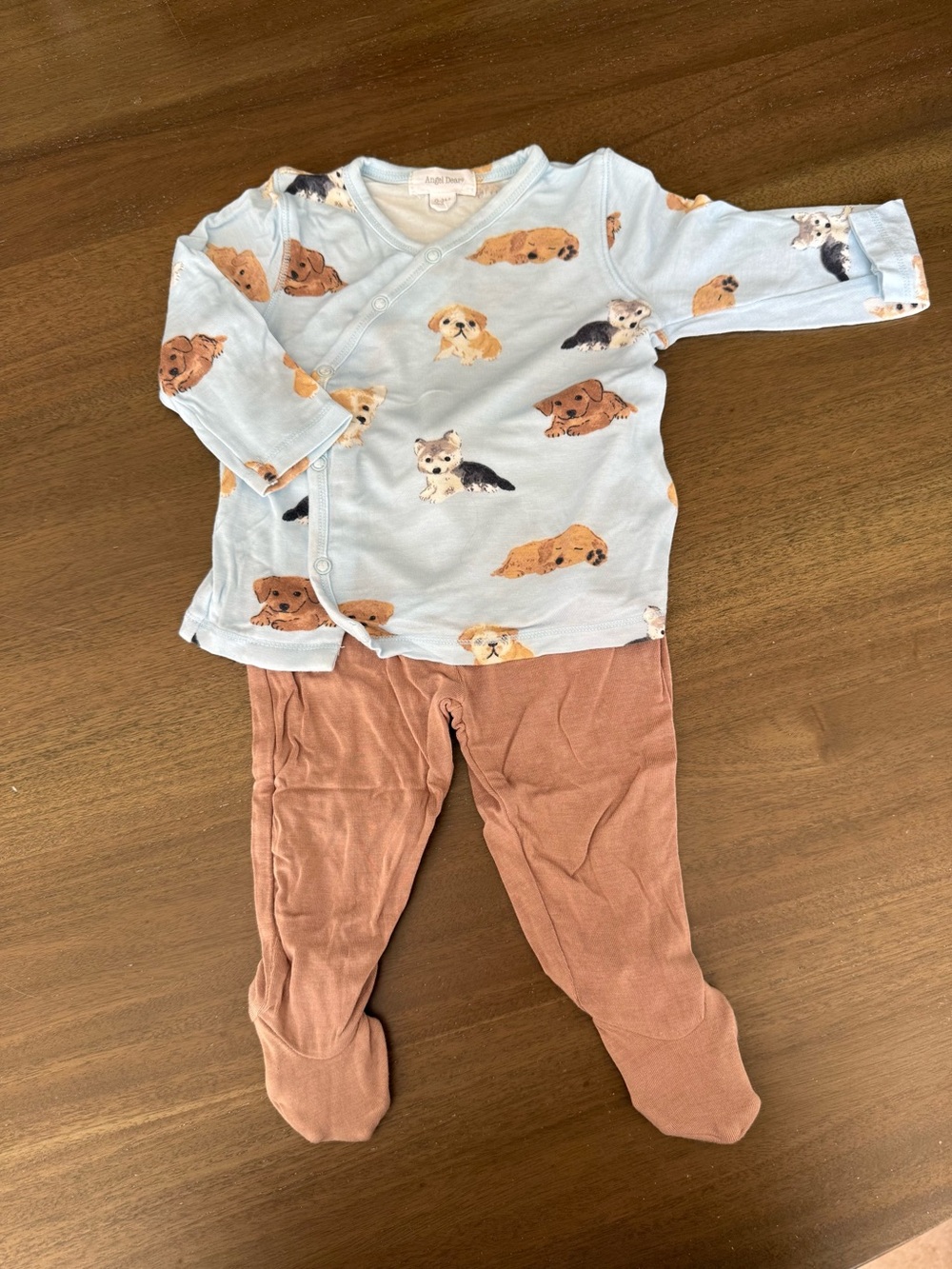 Angel Dear Light Blue Puppy Print Top with Dusty Rose Footed Pants Pajama Set
